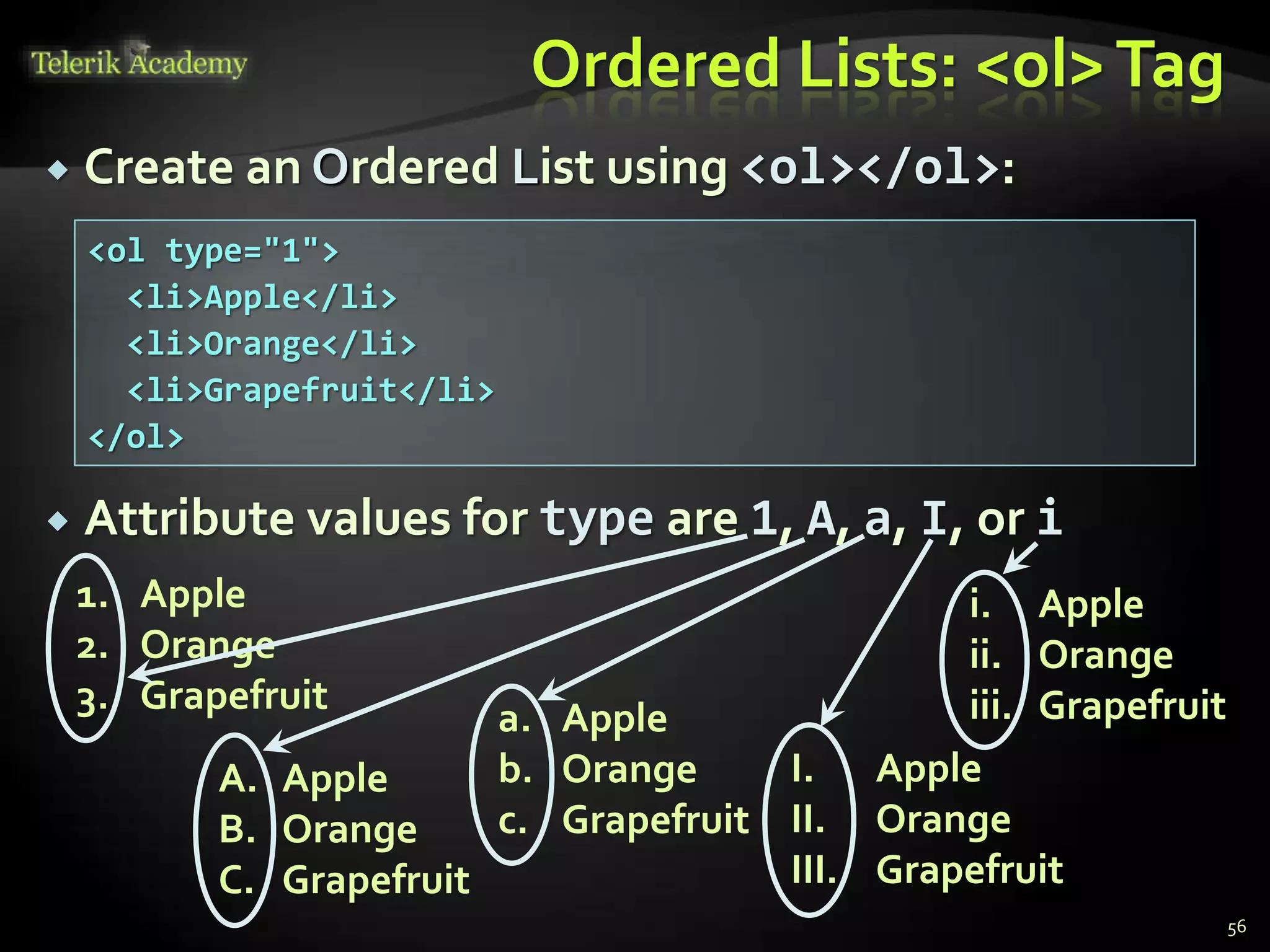 a. Apple
b. Orange
c. Grapefruit
Ordered Lists: <ol>Tag
 Create an Ordered List using <ol></ol>:
 Attribute values for type are 1, A, a, I, or i
56
1. Apple
2. Orange
3. Grapefruit
A. Apple
B. Orange
C. Grapefruit
I. Apple
II. Orange
III. Grapefruit
i. Apple
ii. Orange
iii. Grapefruit
<ol type="1">
<li>Apple</li>
<li>Orange</li>
<li>Grapefruit</li>
</ol>
 