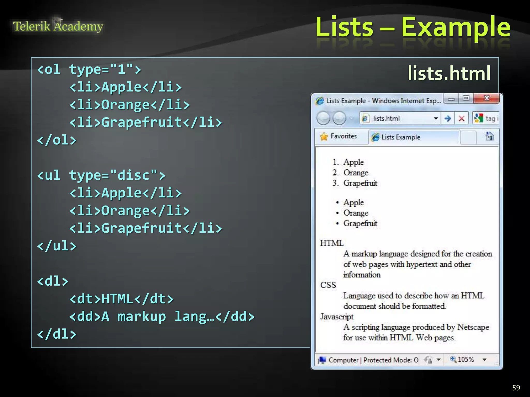 Lists – Example
59
<ol type="1">
<li>Apple</li>
<li>Orange</li>
<li>Grapefruit</li>
</ol>
<ul type="disc">
<li>Apple</li>
<li>Orange</li>
<li>Grapefruit</li>
</ul>
<dl>
<dt>HTML</dt>
<dd>A markup lang…</dd>
</dl>
lists.html
 