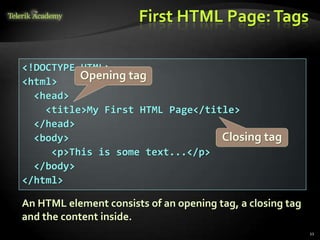 <!DOCTYPE HTML>
<html>
<head>
<title>My First HTML Page</title>
</head>
<body>
<p>This is some text...</p>
</body>
</html>
First HTML Page:Tags
11
Opening tag
Closing tag
An HTML element consists of an opening tag, a closing tag
and the content inside.
 