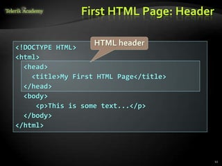 <!DOCTYPE HTML>
<html>
<head>
<title>My First HTML Page</title>
</head>
<body>
<p>This is some text...</p>
</body>
</html>
First HTML Page: Header
12
HTML header
 
