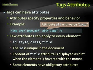 Tags Attributes
 Tags can have attributes
 Attributes specify properties and behavior
 Example:
 Few attributes can apply to every element:
 id, style, class, title
 The id is unique in the document
 Content of title attribute is displayed as hint
when the element is hovered with the mouse
 Some elements have obligatory attributes
18
<img src="logo.gif" alt="logo" />
Attribute alt with value "logo"
 