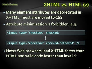 XHTML vs. HTML (2)
 Many element attributes are deprecated in
XHTML, most are moved to CSS
 Attribute minimization is forbidden, e.g.
 Note:Web browsers load XHTML faster than
HTML and valid code faster than invalid!
27
<input type="checkbox" checked>
<input type="checkbox" checked="checked" />
 