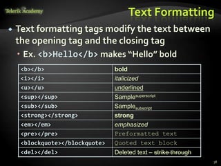 Text Formatting
 Text formatting tags modify the text between
the opening tag and the closing tag
 Ex. <b>Hello</b> makes “Hello” bold
<b></b> bold
<i></i> italicized
<u></u> underlined
<sup></sup> Samplesuperscript
<sub></sub> Samplesubscript
<strong></strong> strong
<em></em> emphasized
<pre></pre> Preformatted text
<blockquote></blockquote> Quoted text block
<del></del> Deleted text – strike through
38
 