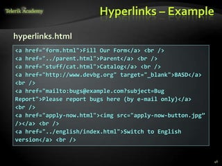 Hyperlinks – Example
46
<a href="form.html">Fill Our Form</a> <br />
<a href="../parent.html">Parent</a> <br />
<a href="stuff/cat.html">Catalog</a> <br />
<a href="http://www.devbg.org" target="_blank">BASD</a>
<br />
<a href="mailto:bugs@example.com?subject=Bug
Report">Please report bugs here (by e-mail only)</a>
<br />
<a href="apply-now.html"><img src="apply-now-button.jpg”
/></a> <br />
<a href="../english/index.html">Switch to English
version</a> <br />
hyperlinks.html
 