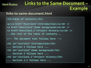 Links to the Same Document –
Example
49
<h1>Table of Contents</h1>
<p><a href="#section1">Introduction</a><br />
<a href="#section2">Some background</A><br />
<a href="#section2.1">Project History</a><br />
...the rest of the table of contents...
<!-- The document text follows here -->
<h2 id="section1">Introduction</h2>
... Section 1 follows here ...
<h2 id="section2">Some background</h2>
... Section 2 follows here ...
<h3 id="section2.1">Project History</h3>
... Section 2.1 follows here ...
links-to-same-document.html
 