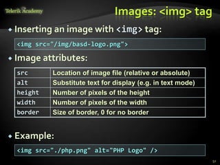  Inserting an image with <img> tag:
 Image attributes:
 Example:
Images: <img> tag
src Location of image file (relative or absolute)
alt Substitute text for display (e.g. in text mode)
height Number of pixels of the height
width Number of pixels of the width
border Size of border, 0 for no border
<img src="/img/basd-logo.png">
<img src="./php.png" alt="PHP Logo" />
52
 