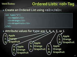 a. Apple
b. Orange
c. Grapefruit
Ordered Lists: <ol>Tag
 Create an Ordered List using <ol></ol>:
 Attribute values for type are 1, A, a, I, or i
56
1. Apple
2. Orange
3. Grapefruit
A. Apple
B. Orange
C. Grapefruit
I. Apple
II. Orange
III. Grapefruit
i. Apple
ii. Orange
iii. Grapefruit
<ol type="1">
<li>Apple</li>
<li>Orange</li>
<li>Grapefruit</li>
</ol>
 