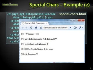 Special Chars – Example (2)
63
<p>[>>&nbsp;&nbsp;Welcome
&nbsp;&nbsp;<<]</p>
<p>►I have following cards:
A♣, K♦ and 9♥.</p>
<p>►I prefer hard rock ♫
music ♫</p>
<p>&copy; 2006 by Svetlin Nakov &amp; his
team</p>
<p>Telerik Academy™</p>
special-chars.html
 