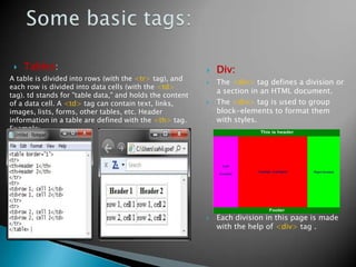    Tables:                                                 Div:
A table is divided into rows (with the <tr> tag), and
                                                             The <div> tag defines a division or
each row is divided into data cells (with the <td>
                                                              a section in an HTML document.
tag). td stands for "table data," and holds the content
of a data cell. A <td> tag can contain text, links,          The <div> tag is used to group
images, lists, forms, other tables, etc. Header               block-elements to format them
information in a table are defined with the <th> tag.         with styles.
Example:




                                                             Each division in this page is made
                                                              with the help of <div> tag .
 