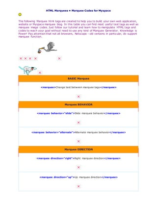 HTML Marquees • Marquee Codes for Myspace
The following Marquee html tags are created to help you to build your own web application,
website or Myspace marquee blog. In this table you can find most useful text tags as well as
marquee image codes. Just follow our tutorial and learn how to manipulate HTML tags and
codes to reach your goal without need to use any kind of Marquee Generator. Knowledge is
Power! Pay attention that not all browsers, Netscape - old versions in particular, do support
marquee function.
BASIC Marquee
<marquee>Change text between marquee tags</marquee>
Marquee BEHAVIOR
<marquee behavior="slide">Slide marquee behavior</marquee>
<marquee behavior="alternate">Alternate marquee behavior</marquee>
Marquee DIRECTION
<marquee direction="right">Right marquee direction</marquee>
<marquee direction="up">Up marquee direction</marquee>
 