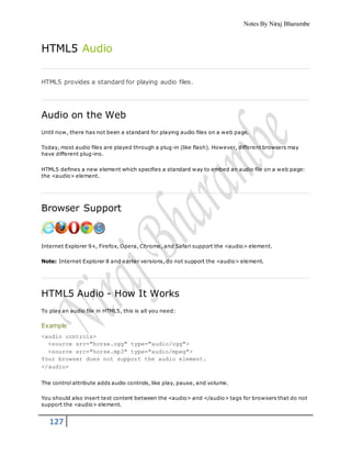 Notes By Niraj Bharambe
127
HTML5 Audio
HTML5 provides a standard for playing audio files.
Audio on the Web
Until now, there has not been a standard for playing audio files on a web page.
Today, most audio files are played through a plug-in (like flash). However, different browsers may
have different plug-ins.
HTML5 defines a new element which specifies a standard way to embed an audio file on a web page:
the <audio> element.
Browser Support
Internet Explorer 9+, Firefox, Opera, Chrome, and Safari support the <audio> element.
Note: Internet Explorer 8 and earlier versions, do not support the <audio> element.
HTML5 Audio - How It Works
To play an audio file in HTML5, this is all you need:
Example
<audio controls>
<source src="horse.ogg" type="audio/ogg">
<source src="horse.mp3" type="audio/mpeg">
Your browser does not support the audio element.
</audio>
The control attribute adds audio controls, like play, pause, and volume.
You should also insert text content between the <audio> and </audio> tags for browsers that do not
support the <audio> element.
 
