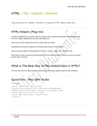 Notes By Niraj Bharambe
169
HTML - The <object> Element
The purpose of the <object> element is to support HTML helpers (plug-ins).
HTML Helpers (Plug-ins)
A helper application is a small computer program that extends the standard functionality of the
browser. Helper applications are also called plug-ins.
Plug-ins are often used by browsers to play audio and video.
Examples of well-known plug-ins are Adobe Flash Player and QuickTime.
Plug-ins can be added to Web pages through the <object> tag or the <embed> tag.
Most plug-ins allow manual (or programmed) control over settings for volume, rewind, forward,
pause, stop, and play.
What is The Best Way to Play Audio/Video in HTML?
For the best way to embed audio or video in your Web page, please read the next chapters.
QuickTime - Play WAV Audio
Example
<object width="420" height="360"
classid="clsid:02BF25D5-8C17-4B23-BC80-D3488ABDDC6B"
codebase="http://www.apple.com/qtactivex/qtplugin.cab">
<param name="src" value="liar.wav">
<param name="controller" value="true">
</object>
 