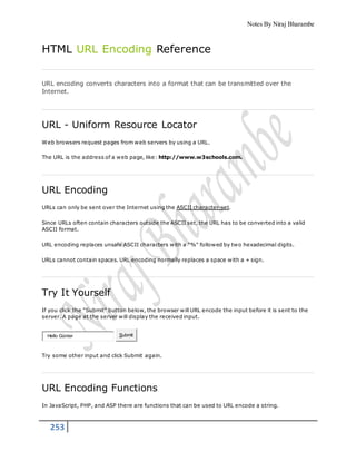 Notes By Niraj Bharambe
253
HTML URL Encoding Reference
URL encoding converts characters into a format that can be transmitted over the
Internet.
URL - Uniform Resource Locator
Web browsers request pages from web servers by using a URL.
The URL is the address of a web page, like: http://www.w3schools.com.
URL Encoding
URLs can only be sent over the Internet using the ASCII character-set.
Since URLs often contain characters outside the ASCII set, the URL has to be converted into a valid
ASCII format.
URL encoding replaces unsafe ASCII characters with a "%" followed by two hexadecimal digits.
URLs cannot contain spaces. URL encoding normally replaces a space with a + sign.
Try It Yourself
If you click the "Submit" button below, the browser will URL encode the input before it is sent to the
server. A page at the server will display the received input.
Hello Günter Submit
Try some other input and click Submit again.
URL Encoding Functions
In JavaScript, PHP, and ASP there are functions that can be used to URL encode a string.
 