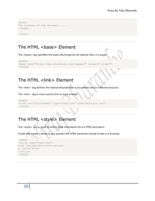 Notes By Niraj Bharambe
29
<body>
The content of the document......
</body>
</html>
The HTML <base> Element
The <base> tag specifies the base URL/target for all relative URLs in a page:
<head>
<base href="http://www.w3schools.com/images/" target="_blank">
</head>
The HTML <link> Element
The <link> tag defines the relationship between a document and an external resource.
The <link> tag is most used to link to style sheets:
<head>
<link rel="stylesheet" type="text/css" href="mystyle.css">
</head>
The HTML <style> Element
The <style> tag is used to define style information for an HTML document.
Inside the <style> element you specify how HTML elements should render in a browser:
<head>
<style type="text/css">
body {background-color:yellow}
p {color:blue}
</style>
</head>
 