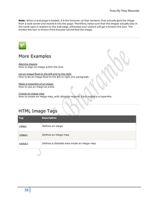 Notes By Niraj Bharambe
38
Note: When a web page is loaded, it is the browser, at that moment, that actually gets the image
from a web server and inserts it into the page. Therefore, make sure that the images actually stay in
the same spot in relation to the web page, otherwise your visitors will get a broken link icon. The
broken link icon is shown if the browser cannot find the image.
More Examples
Aligning images
How to align an image within the text.
Let an image float to the left and to the right
How to let an image float to the left or right of a paragraph.
Make a hyperlink of an image
How to use an image as a link.
Create an image map
How to create an image map, with clickable regions. Each region is a hyperlink.
HTML Image Tags
Tag Description
<img> Defines an image
<map> Defines an image-map
<area> Defines a clickable area inside an image-map
 