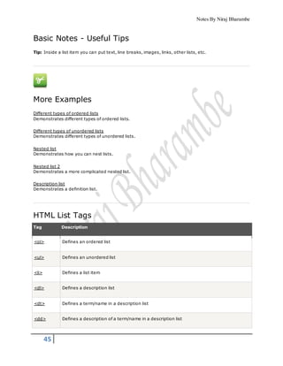 Notes By Niraj Bharambe
45
Basic Notes - Useful Tips
Tip: Inside a list item you can put text, line breaks, images, links, other lists, etc.
More Examples
Different types of ordered lists
Demonstrates different types of ordered lists.
Different types of unordered lists
Demonstrates different types of unordered lists.
Nested list
Demonstrates how you can nest lists.
Nested list 2
Demonstrates a more complicated nested list.
Description list
Demonstrates a definition list.
HTML List Tags
Tag Description
<ol> Defines an ordered list
<ul> Defines an unordered list
<li> Defines a list item
<dl> Defines a description list
<dt> Defines a term/name in a description list
<dd> Defines a description of a term/name in a description list
 