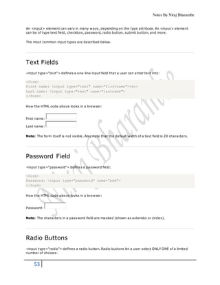 Notes By Niraj Bharambe
53
An <input> element can vary in many ways, depending on the type attribute. An <input> element
can be of type text field, checkbox, password, radio button, submit button, and more.
The most common input types are described below.
Text Fields
<input type="text"> defines a one-line input field that a user can enter text into:
<form>
First name: <input type="text" name="firstname"><br>
Last name: <input type="text" name="lastname">
</form>
How the HTML code above looks in a browser:
First name:
Last name:
Note: The form itself is not visible. Also note that the default width of a text field is 20 characters.
Password Field
<input type="password"> defines a password field:
<form>
Password: <input type="password" name="pwd">
</form>
How the HTML code above looks in a browser:
Password:
Note: The characters in a password field are masked (shown as asterisks or circles).
Radio Buttons
<input type="radio"> defines a radio button. Radio buttons let a user select ONLY ONE of a limited
number of choices:
 