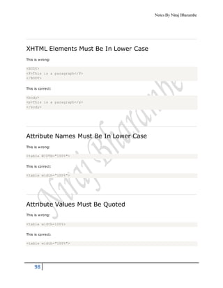 Notes By Niraj Bharambe
98
XHTML Elements Must Be In Lower Case
This is wrong:
<BODY>
<P>This is a paragraph</P>
</BODY>
This is correct:
<body>
<p>This is a paragraph</p>
</body>
Attribute Names Must Be In Lower Case
This is wrong:
<table WIDTH="100%">
This is correct:
<table width="100%">
Attribute Values Must Be Quoted
This is wrong:
<table width=100%>
This is correct:
<table width="100%">
 