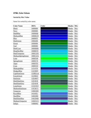 HTML Color Values
Sorted by Hex Value
Same list sorted by color name
Color Name HEX Color Shades Mix
Black #000000 Shades ...