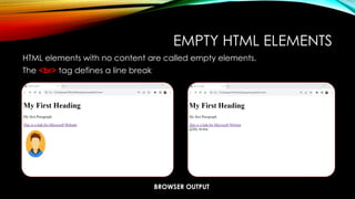 EMPTY HTML ELEMENTS
HTML elements with no content are called empty elements.
The <br> tag defines a line break
BROWSER OUTPUT
 
