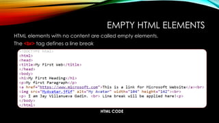 HTML CODE
EMPTY HTML ELEMENTS
HTML elements with no content are called empty elements.
The <br> tag defines a line break
 
