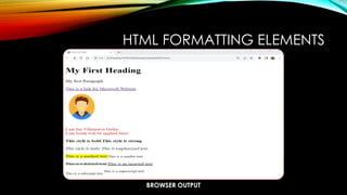 BROWSER OUTPUT
HTML FORMATTING ELEMENTS
 