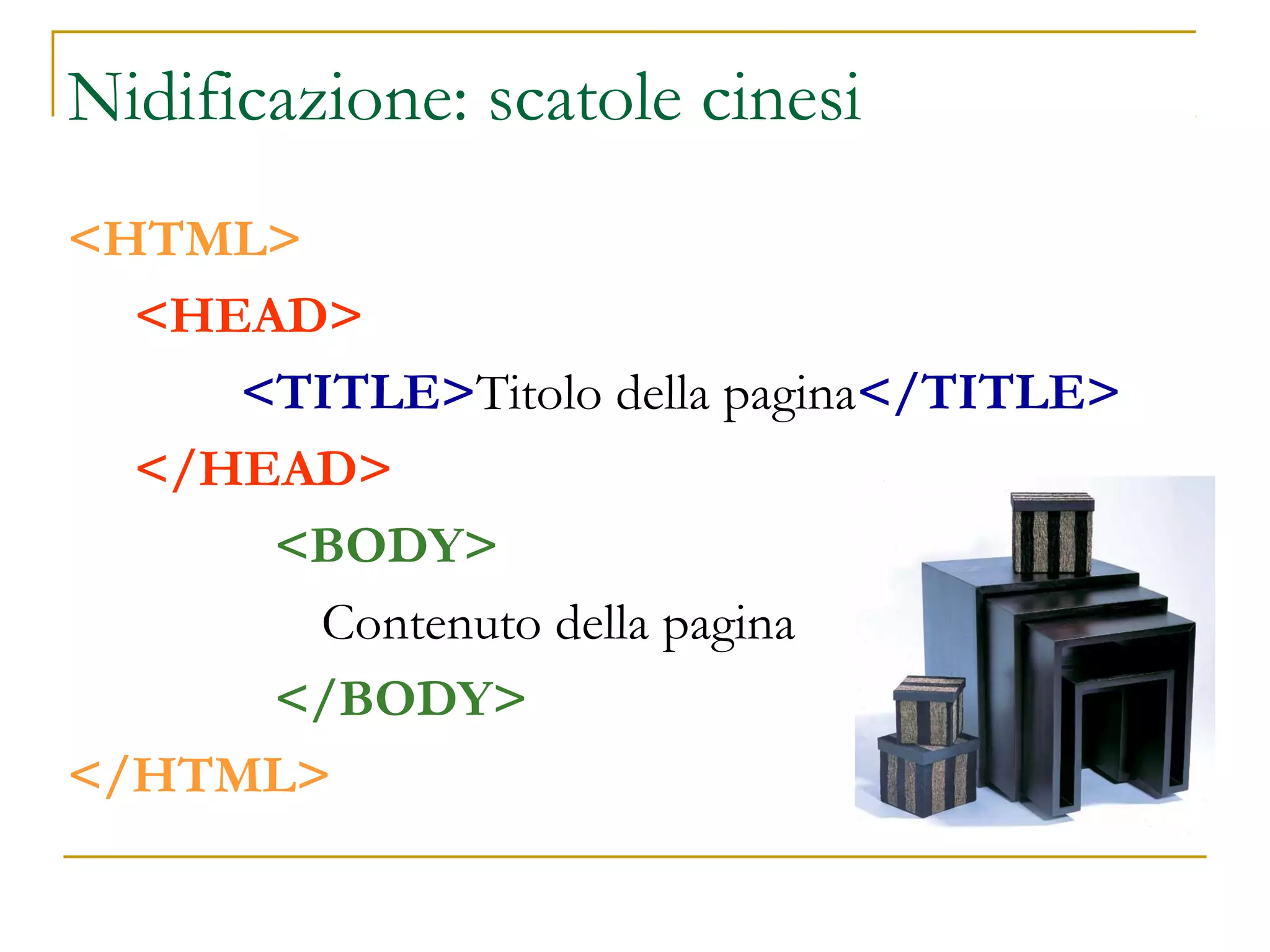 Nidificazione: scatole cinesi
<HTML>
<HEAD>
<TITLE>Titolo della pagina</TITLE>
</HEAD>
<BODY>
Contenuto della pagina
</BODY>
</HTML>
 