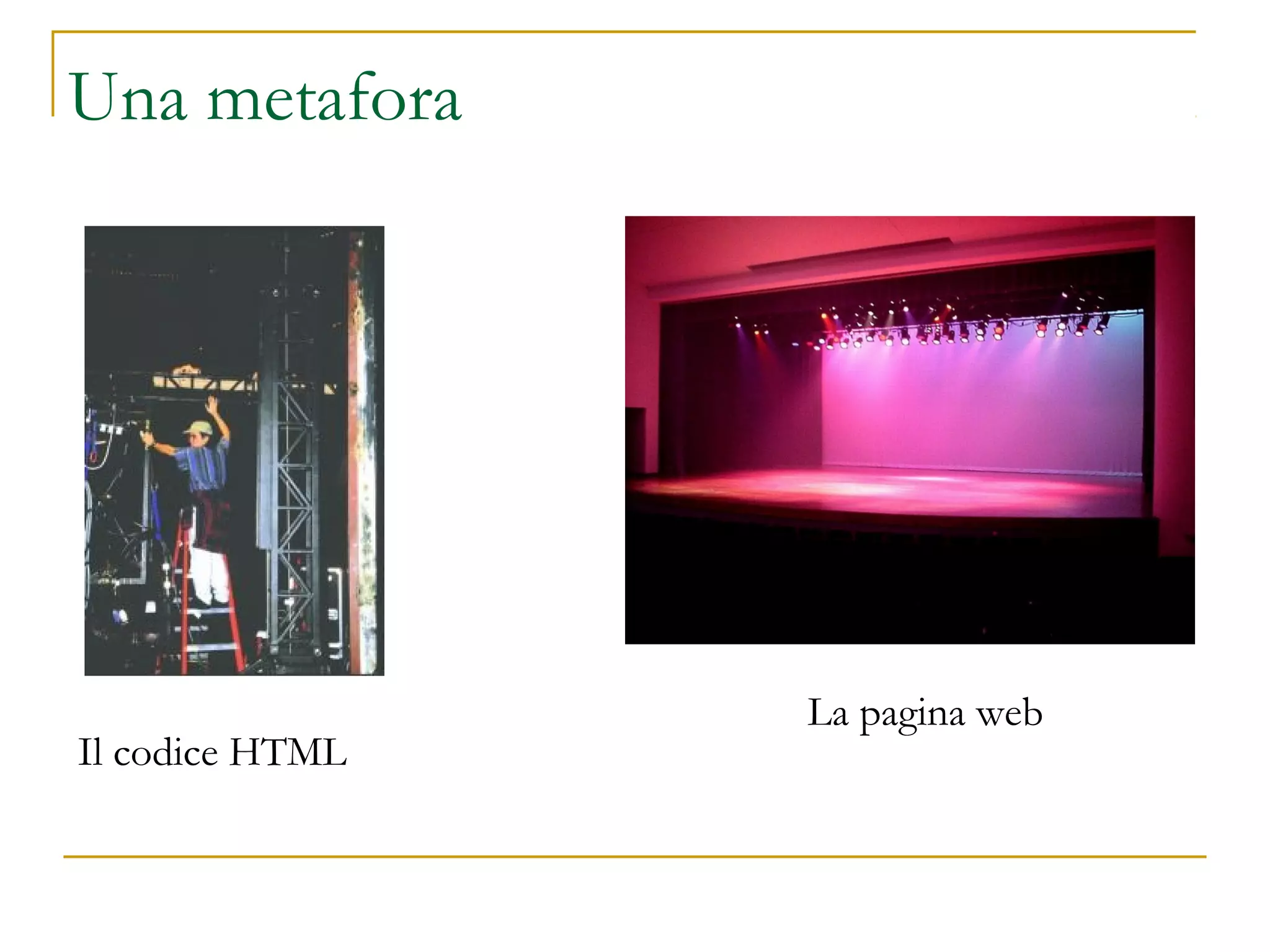Una metafora
La pagina web
Il codice HTML
 