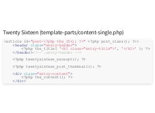 Twenty Sixteen (template-parts/content-single.php)
<article id="post-<?php the_ID(); ?>" <?php post_class(); ?>>
<header class="entry-header">
<?php the_title( '<h1 class="entry-title">', '</h1>' ); ?>
</header><!-- .entry-header -->
<?php twentysixteen_excerpt(); ?>
<?php twentysixteen_post_thumbnail(); ?>
<div class="entry-content">
<?php the_content(); ?>
</div>
 