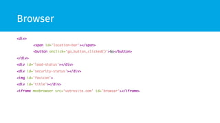 Browser 
<div> 
<span id='location-bar'></span> 
<button onclick='go_button_clicked()'>Go</button> 
</div> 
<div id='load-status'></div> 
<div id='security-status'></div> 
<img id='favicon'> 
<div id='title'></div> 
<iframe mozbrowser src=‘votresite.com' id='browser'></iframe> 
 