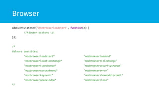 Browser 
addEventListener('mozbrowserloadstart', function(e) { 
//Ajouter actions ici 
}); 
/* 
Valeurs possibles: 
"mozbrowserloadstart“ "mozbrowserloadend" 
"mozbrowserlocationchange“ "mozbrowsertitlechange" 
"mozbrowsericonchange“ "mozbrowsersecuritychange" 
"mozbrowsercontextmenu“ "mozbrowsererror" 
"mozbrowserkeyevent“ "mozbrowsershowmodalprompt" 
"mozbrowseropenwindow“ "mozbrowserclose" 
*/ 
 