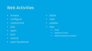 Web Activities 
• browse 
• configure 
• costcontrol 
• dial 
• open 
• pick 
• record 
• save-bookmark 
• share 
• view 
• update 
• new 
• mail 
• websms/sms 
• webcontacts/contact 
 
