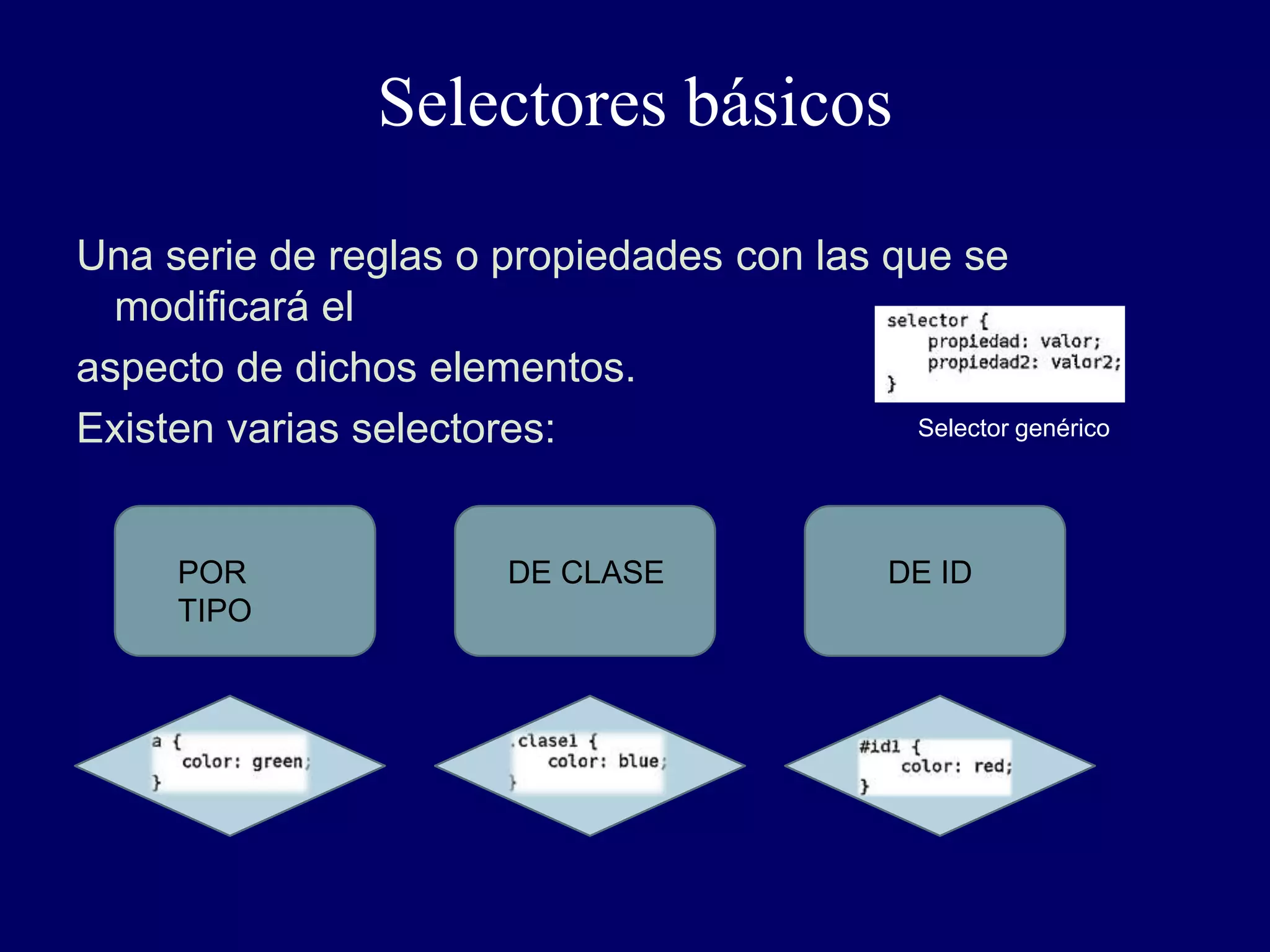 Selectores básicos
Una serie de reglas o propiedades con las que se
modificará el
aspecto de dichos elementos.
Existen varias selectores: Selector genérico
POR
TIPO
DE CLASE DE ID
 