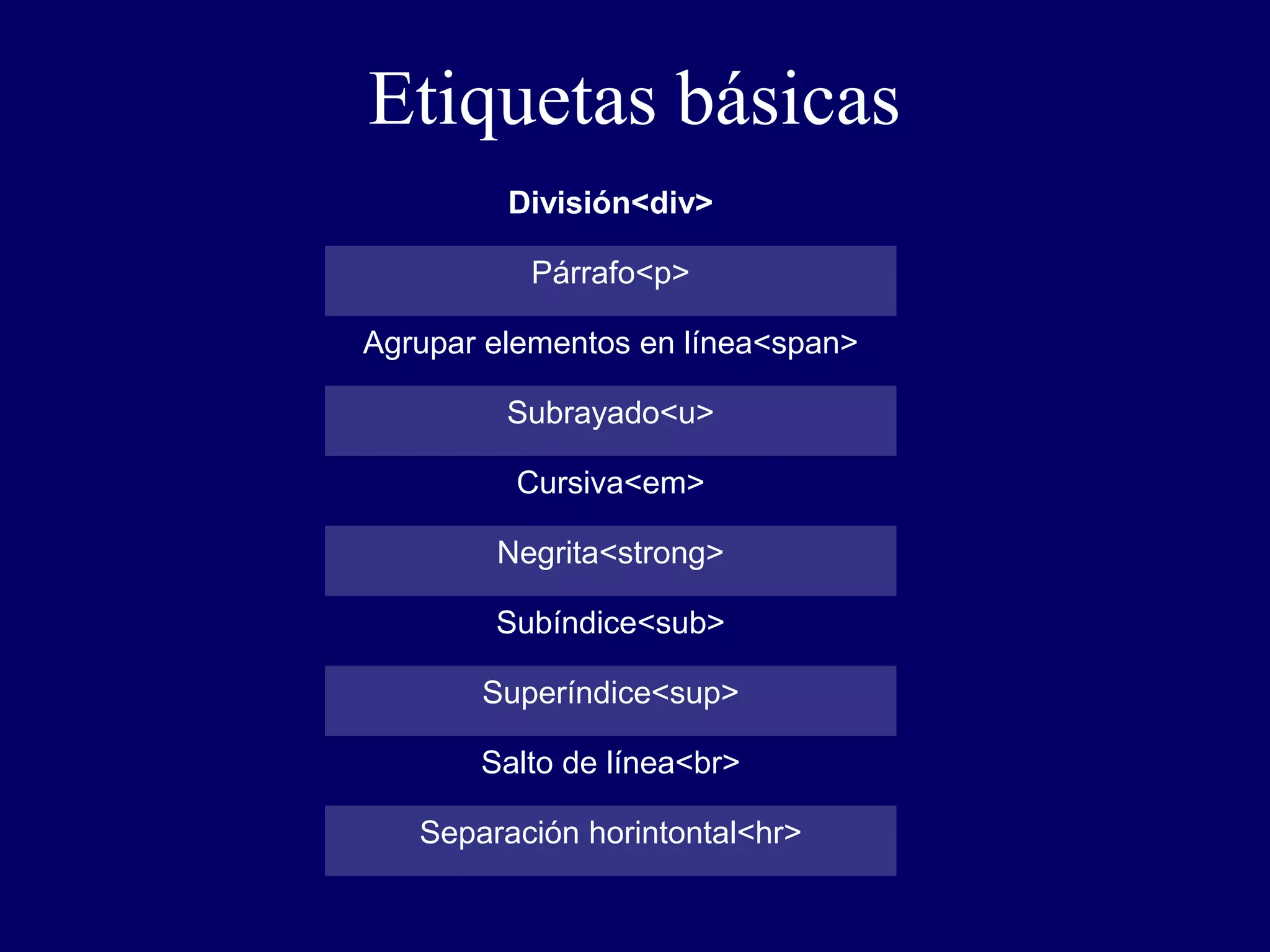 Etiquetas básicas
División<div>
Párrafo<p>
Agrupar elementos en línea<span>
Subrayado<u>
Cursiva<em>
Negrita<strong>
Subíndice<sub>
Superíndice<sup>
Salto de línea<br>
Separación horintontal<hr>
 