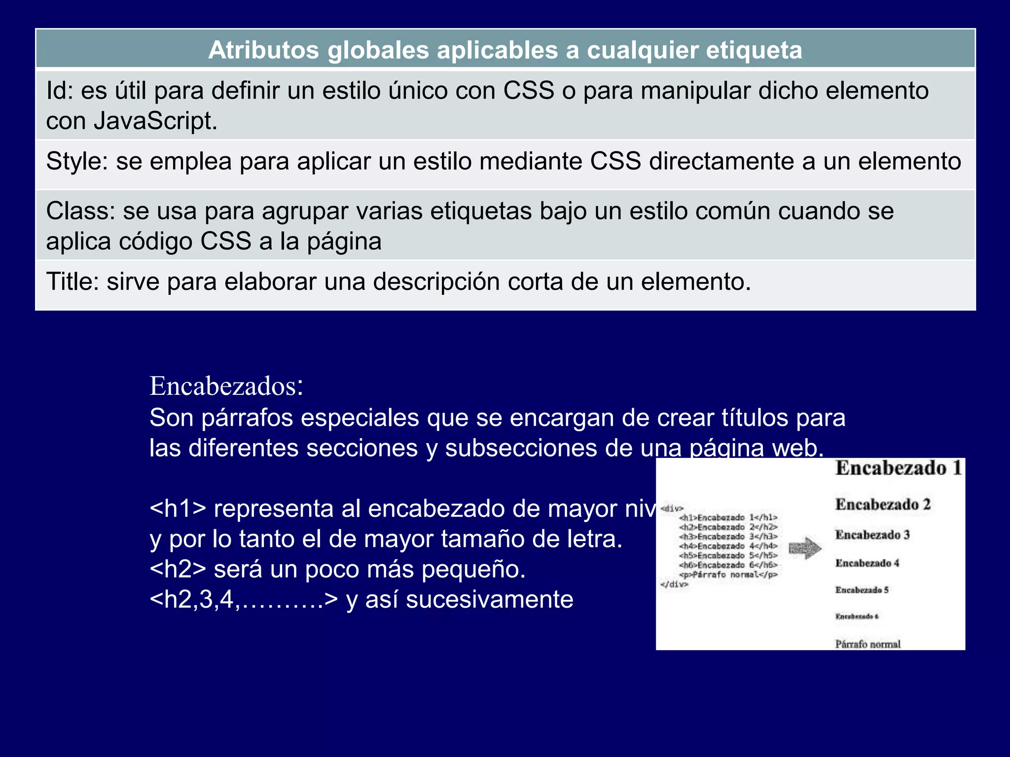 Atributos globales aplicables a cualquier etiqueta
Id: es útil para definir un estilo único con CSS o para manipular dicho elemento
con JavaScript.
Style: se emplea para aplicar un estilo mediante CSS directamente a un elemento
Class: se usa para agrupar varias etiquetas bajo un estilo común cuando se
aplica código CSS a la página
Title: sirve para elaborar una descripción corta de un elemento.
Encabezados:
Son párrafos especiales que se encargan de crear títulos para
las diferentes secciones y subsecciones de una página web.
<h1> representa al encabezado de mayor nivel
y por lo tanto el de mayor tamaño de letra.
<h2> será un poco más pequeño.
<h2,3,4,……….> y así sucesivamente
 