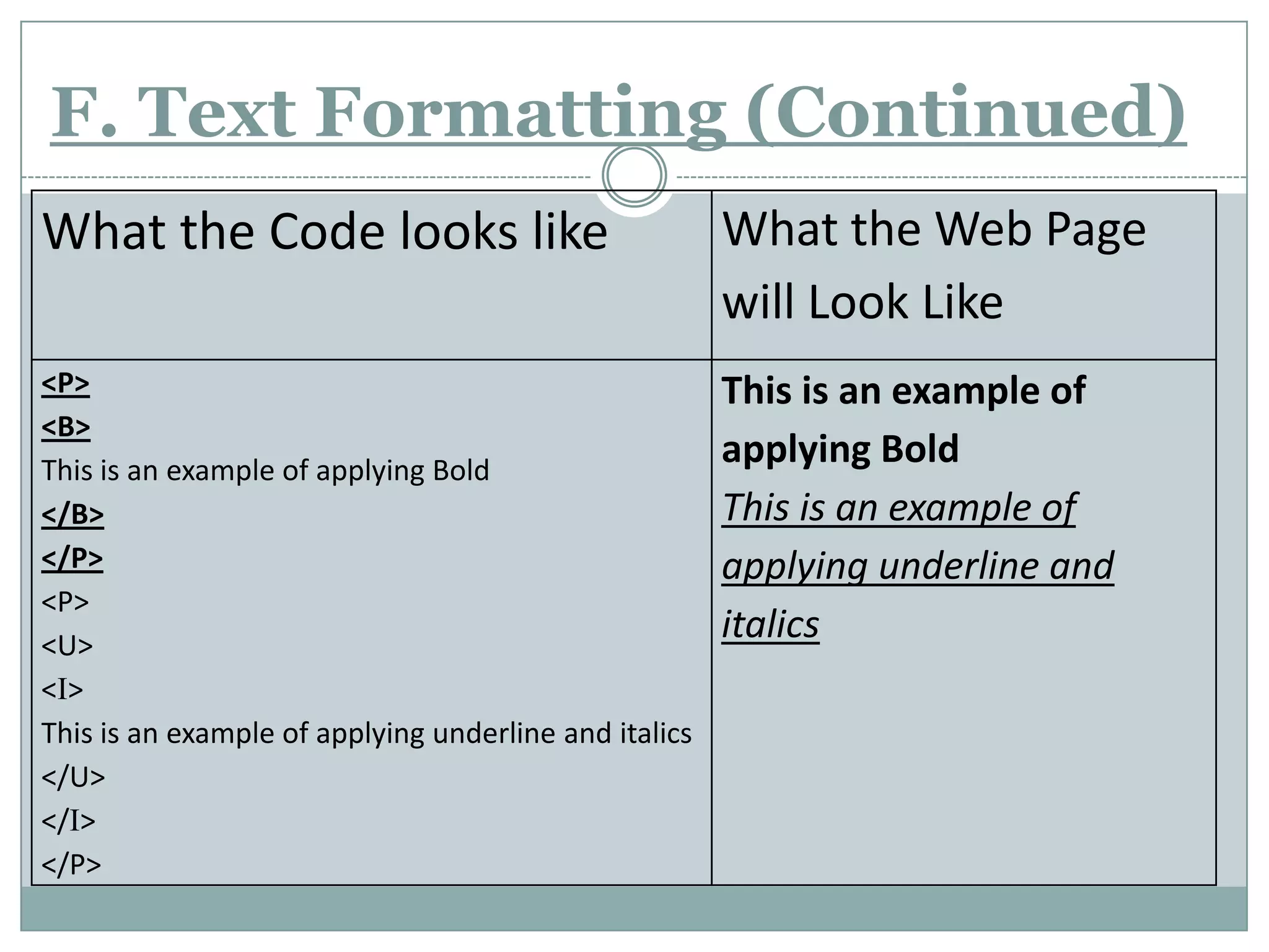 F. Text Formatting (Continued)