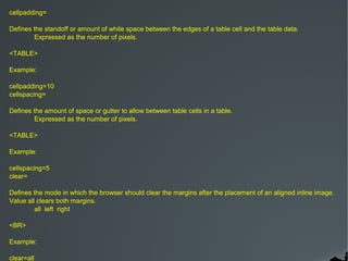 cellpadding=

Defines the standoff or amount of white space between the edges of a table cell and the table data.
        Expressed as the number of pixels.

<TABLE>

Example:

cellpadding=10
cellspacing=

Defines the amount of space or gutter to allow between table cells in a table.
        Expressed as the number of pixels.

<TABLE>

Example:

cellspacing=5
clear=

Defines the mode in which the browser should clear the margins after the placement of an aligned inline image.
Value all clears both margins.
         all left right

<BR>

Example:

clear=all
 