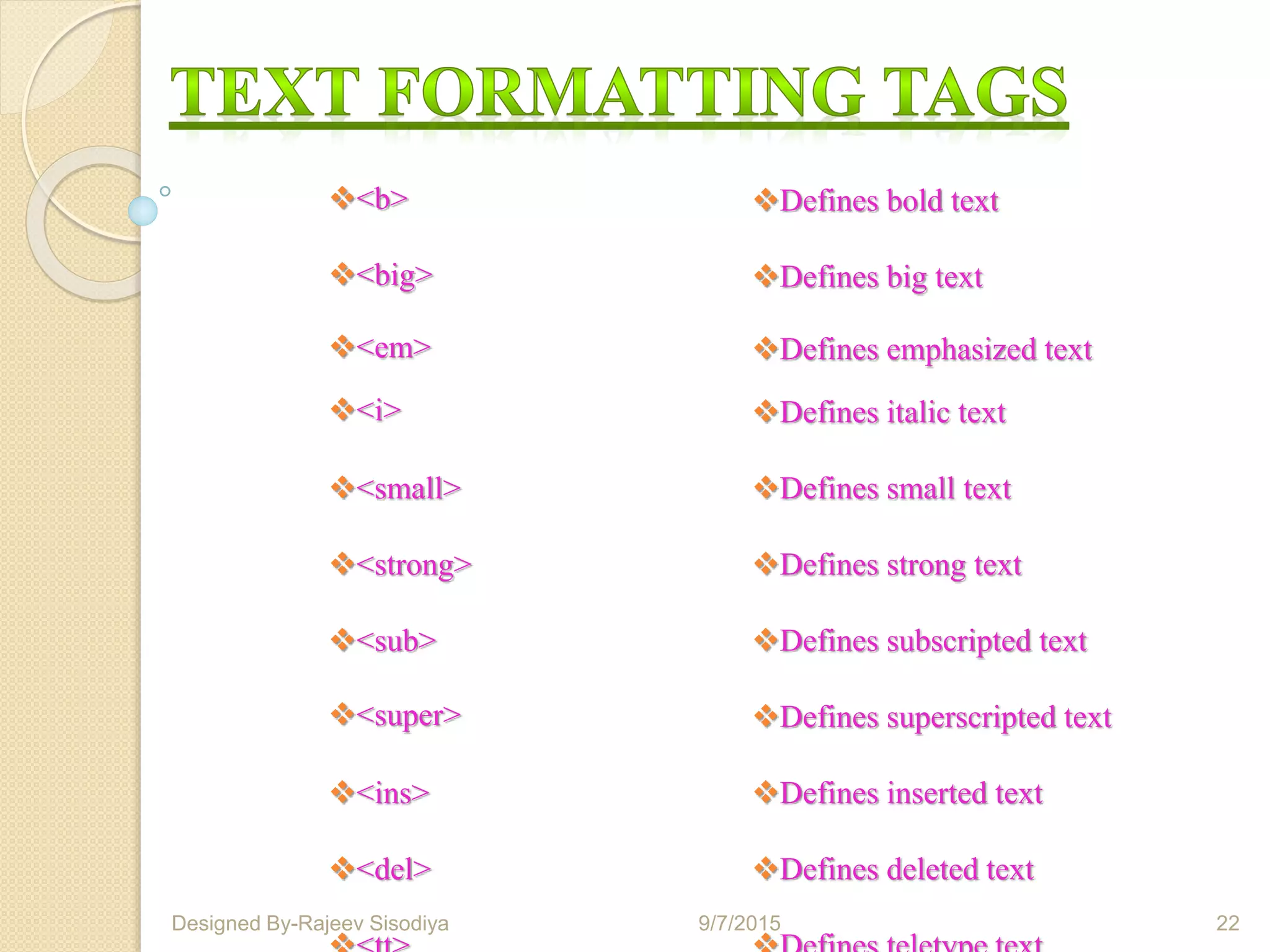 9/7/2015 22Designed By-Rajeev Sisodiya
<b> Defines bold text
<big> Defines big text
<em> Defines emphasized text
<i> Defines italic text
<small> Defines small text
<strong> Defines strong text
<sub> Defines subscripted text
<super> Defines superscripted text
<ins> Defines inserted text
<del> Defines deleted text
 