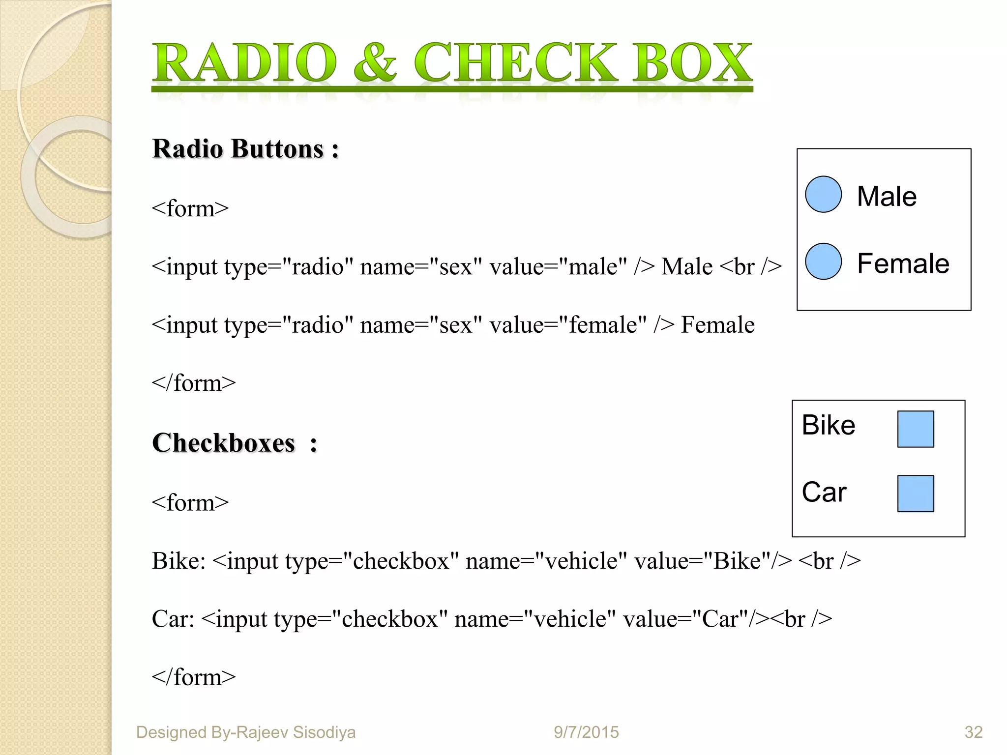 Radio Buttons :
<form>
<input type="radio" name="sex" value="male" /> Male <br />
<input type="radio" name="sex" value="female" /> Female
</form>
Checkboxes :
<form>
Bike: <input type="checkbox" name="vehicle" value="Bike"/> <br />
Car: <input type="checkbox" name="vehicle" value="Car"/><br />
</form>
Male
Female
Bike
Car
9/7/2015 32Designed By-Rajeev Sisodiya
 
