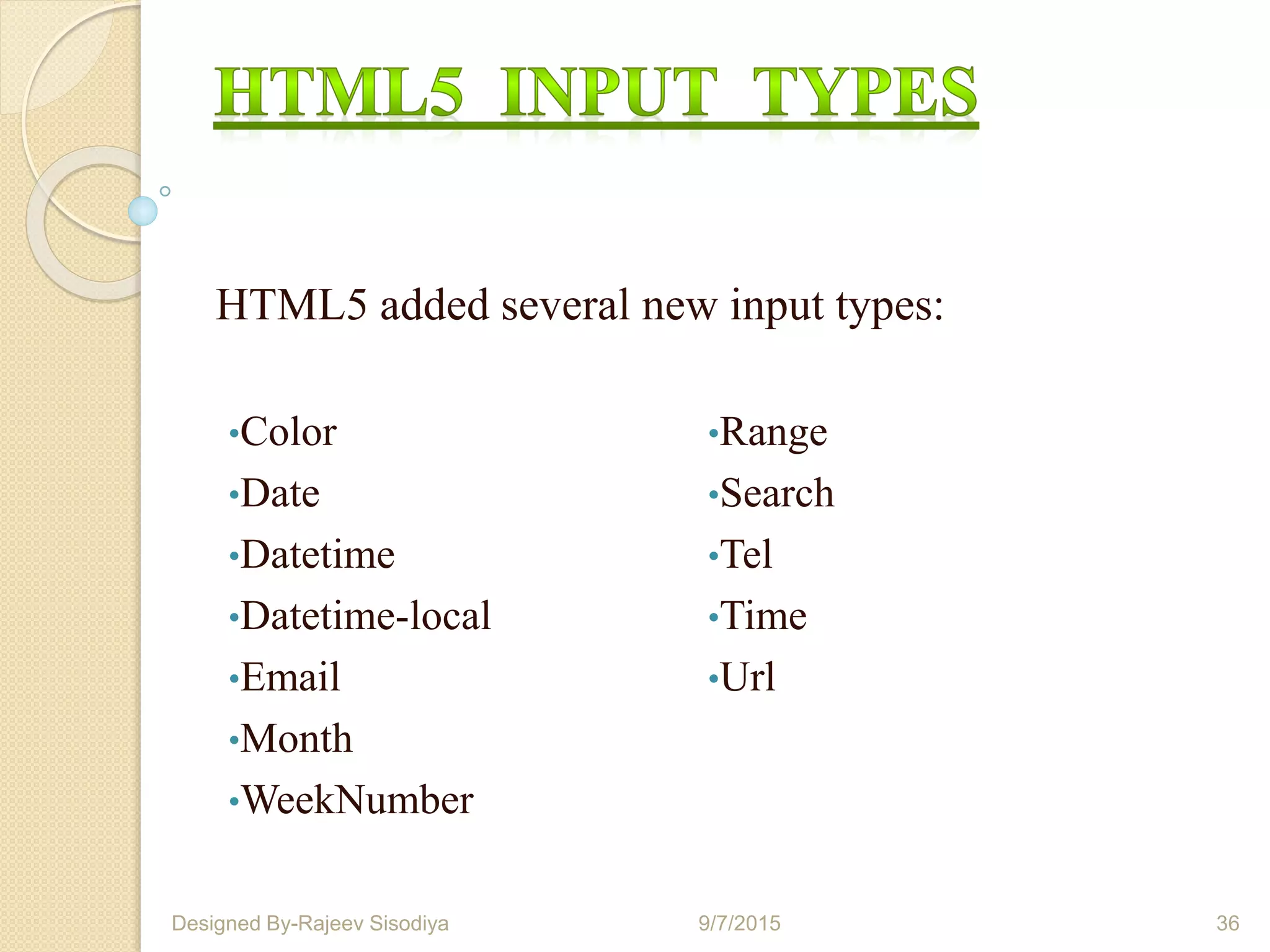 HTML5 added several new input types:
•Color
•Date
•Datetime
•Datetime-local
•Email
•Month
•WeekNumber
•Range
•Search
•Tel
•Time
•Url
9/7/2015 36Designed By-Rajeev Sisodiya
 