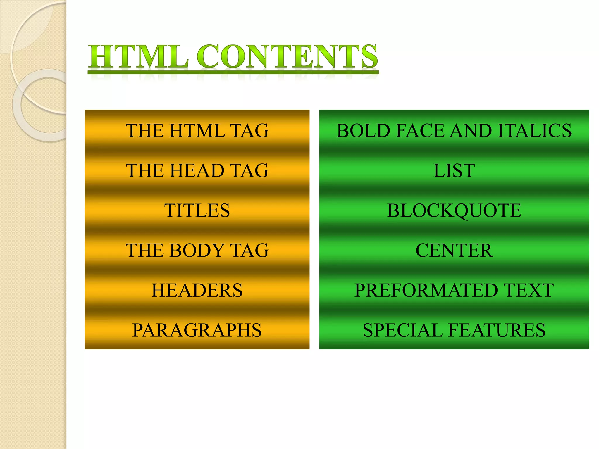 BOLD FACE AND ITALICS
LIST
BLOCKQUOTE
CENTER
PREFORMATED TEXT
SPECIAL FEATURES
THE HTML TAG
THE HEAD TAG
TITLES
THE BODY TAG
HEADERS
PARAGRAPHS
 