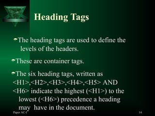 Header Indicates html webpage development different tags used | PPTX