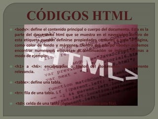    <body>: define el contenido principal o cuerpo del documento. Esta es la
    parte del documento html que se muestra en el navegador; dentro de
    esta etiqueta pueden definirse propiedades comunes a toda la página,
    como color de fondo y márgenes. Dentro del cuerpo <body> podemos
    encontrar numerosas etiquetas. A continuación se indican algunas a
    modo de ejemplo:

   <h1> a <h6>: encabezados o títulos del documento con diferente
    relevancia.

   <table>: define una tabla.

   <tr>: fila de una tabla.

   <td>: celda de una tabla (debe estar dentro de una fila).
 