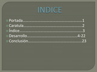  Portada……………………………………………………1
 Caratula…………………………………………………..2
 Índice…………………………………………………......3
 Desarrollo……………………………………………4-22
 Conclusión……………………………………………...23
 