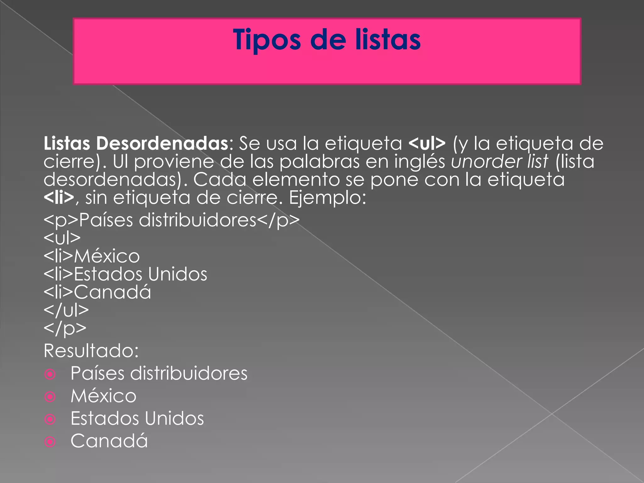 Crear tablas y Tipos de listas en HTML PPT