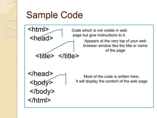 Sample Code
<html>
<head>
<title> </title>
</head>
<body>
</body>
</html>
Code which is not visible in web
page but give instructions to it.
Appears at the very top of your web
browser window like the title or name
of the page
Most of the code is written here.
It will display the content of the web page
 