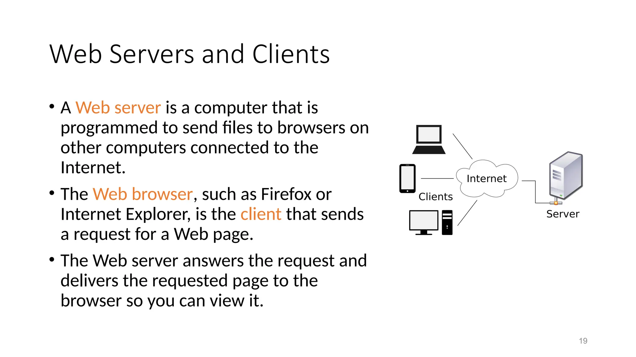 19
Web Servers and Clients
• A Web server is a computer that is
programmed to send files to browsers on
other computers connected to the
Internet.
• The Web browser, such as Firefox or
Internet Explorer, is the client that sends
a request for a Web page.
• The Web server answers the request and
delivers the requested page to the
browser so you can view it.
 