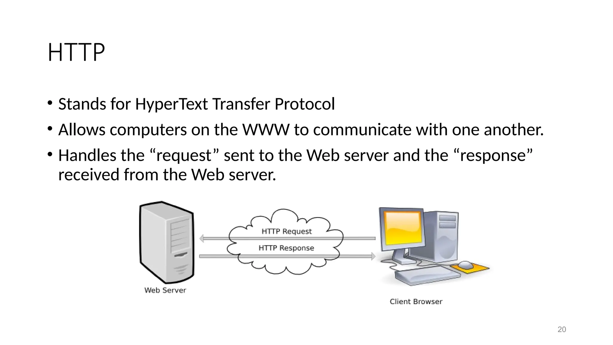 20
HTTP
• Stands for HyperText Transfer Protocol
• Allows computers on the WWW to communicate with one another.
• Handles the “request” sent to the Web server and the “response”
received from the Web server.
 