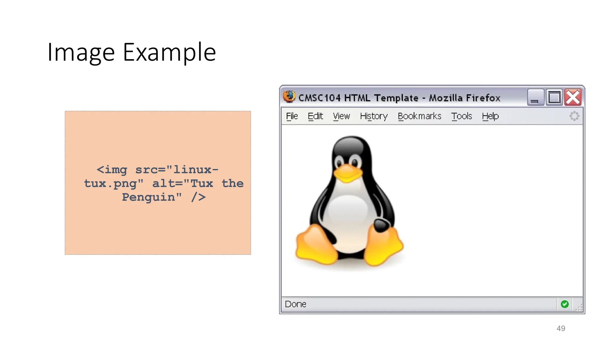 49
Image Example
<img src="linux-
tux.png" alt="Tux the
Penguin" />
 