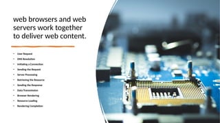 web browsers and web
servers work together
to deliver web content.
• User Request
• DNS Resolution
• Initiating a Connection
• Sending the Request
• Server Processing
• Retrieving the Resource
• Sending the Response
• Data Transmission
• Browser Rendering
• Resource Loading
• Rendering Completion
 